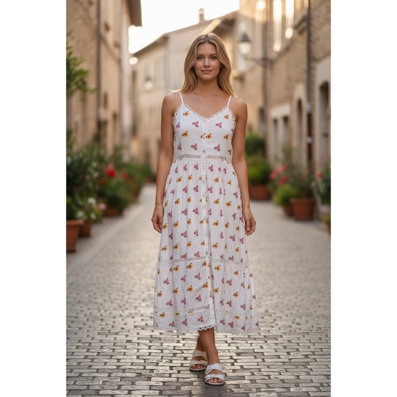 FARM Rio Dresses & Skirts - #11 FARM RIO Dress Sz. M PTP: 13" - 15" Floral Cross Stitch Linen Blend Crochet